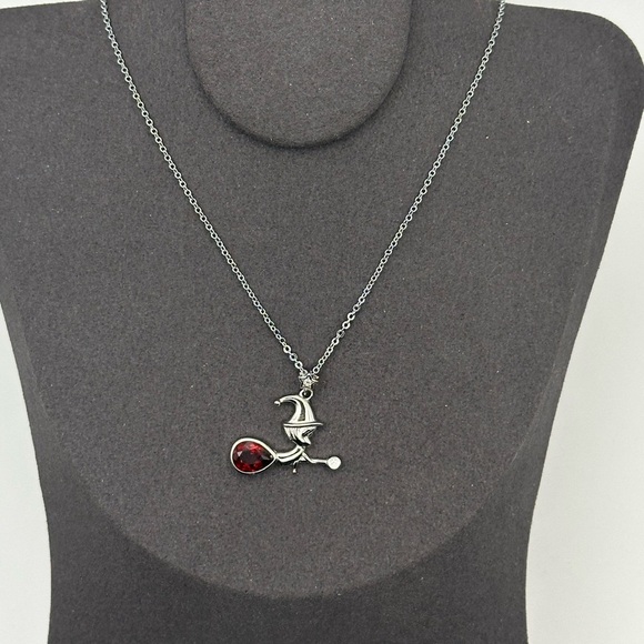 Silver 925 Witch on Broomstick Pendant with. Garnet Stone and Silver 925 Chain - Picture 5 of 13